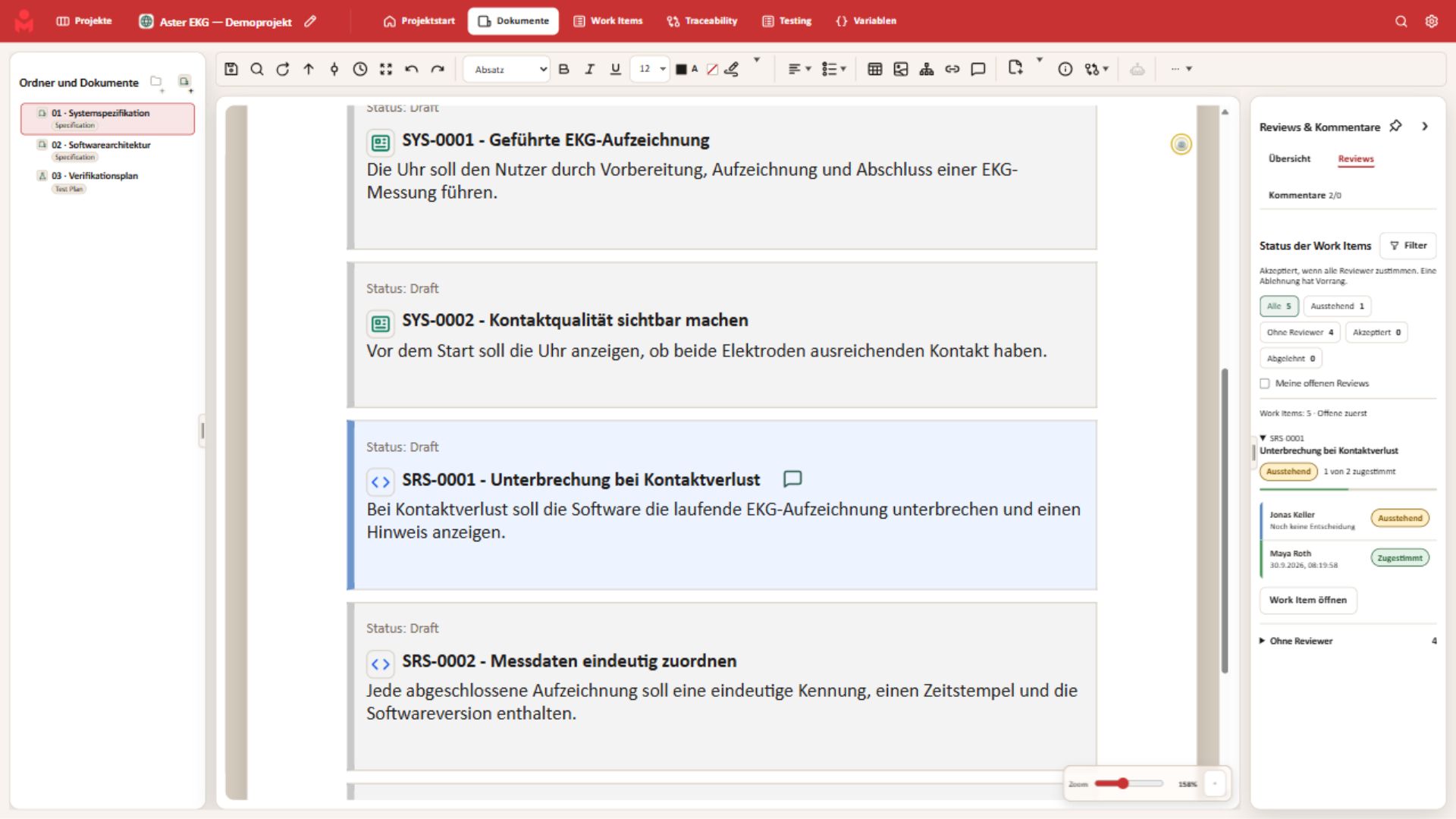 Medioora: Softwareanforderung mit Kommentaren und Review-Status im EKG-Smartwatch-Demoprojekt